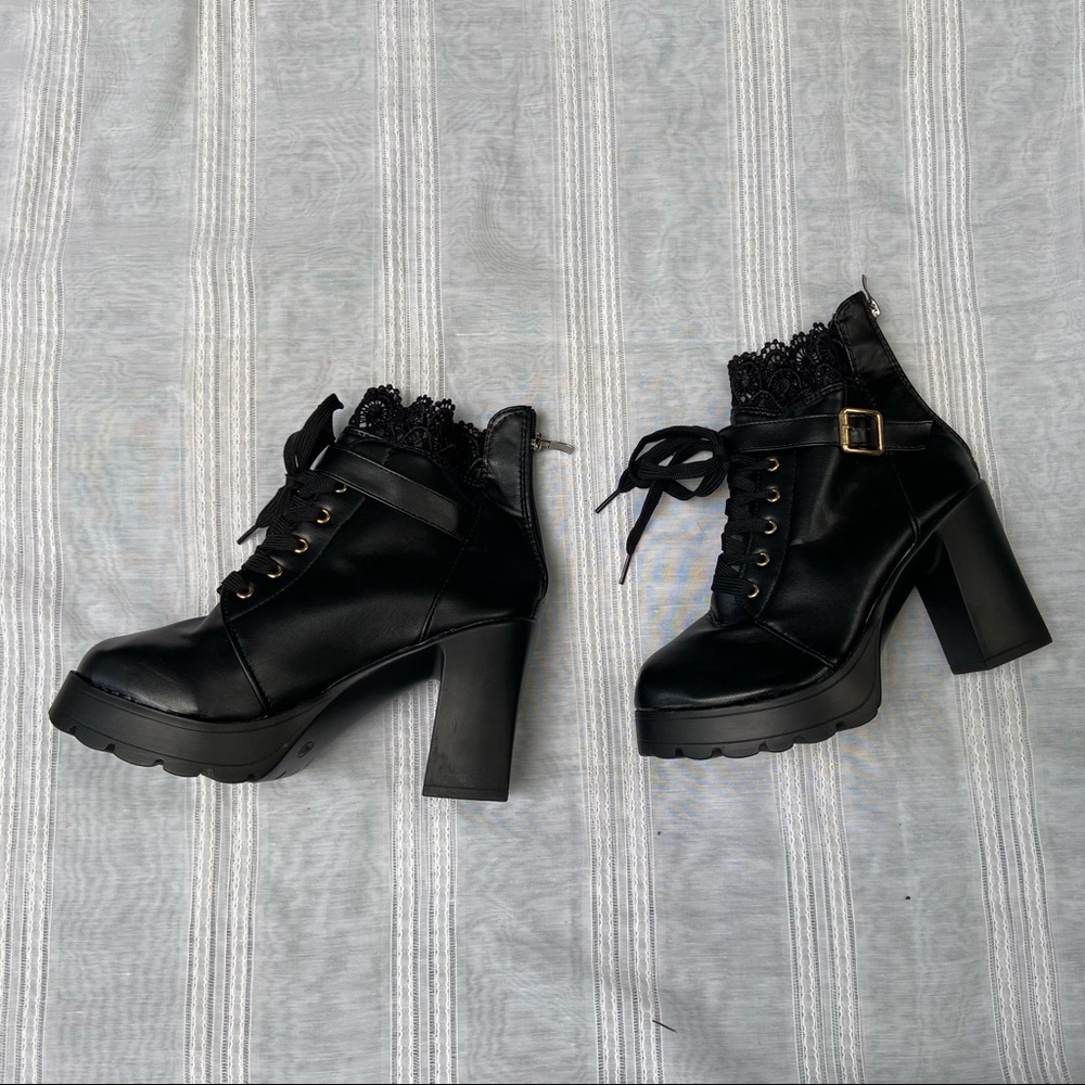 Black Lace Up Platform Boots with Lace details